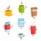 Cartoon cute drink characters isolated on white background. Cute happy mugs and containers of coffee, milk and soda.