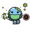 cartoon cute earth character fighting virus with sword