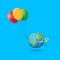 Cartoon cute earth planet character holding balloons isolated on blue background. Earth day or save the earth concept