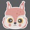 Cartoon cute face of smiling little squirrel in pink colors with big yellow eyes, ruddy cheeks, white outline on a square dark bro