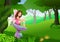 Cartoon cute fairy sitting on mushroom in the tropical forest background