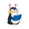 Cartoon cute funny penguin character with a book