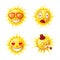 Cartoon cute funny sun emojis isolated illustrations set