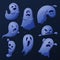 Cartoon cute ghost. Funny ghosts collection, spooked halloween symbols. Spooky phantom, funny emotional spirit. Holiday