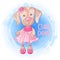 Cartoon cute girl doggie with a handbag in a pink dress. Vector illustration