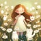 Cartoon cute girl walking with white cats on a summer day in a flower field meadow