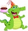 Cartoon cute happy crocodile carrying a birthday cake