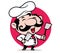 Cartoon cute Italian chef character with big moustache holding spatula and knife