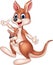 Cartoon cute kangaroo waving hand with baby joey. Isolated on white background