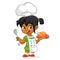 Cartoon cute little arab or afro-american girl in apron serving roasted thanksgiving turkey