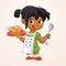 Cartoon cute little arab or afro-american girl in apron serving roasted thanksgiving turkey