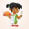 Cartoon cute little arab or afro-american girl in apron serving roasted thanksgiving turkey