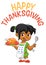 Cartoon cute little arab or afro-american girl in apron serving roasted thanksgiving turkey dish holding a tray and fork. Vector