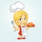 Cartoon cute little blond girl in apron and chef`s hat serving roasted thanksgiving turkey