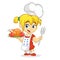 Cartoon cute little blond girl in apron and chef`s hat serving roasted thanksgiving turkey