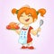 Cartoon cute little blond girl in apron serving roasted thanksgiving turkey