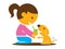 Cartoon cute little feeding food for puppy. Puppy shaking tail with little girl.