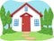 Cartoon of Cute Little House with Garden