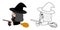 Cartoon cute little young black witch flying with broom. Kid Halloween cosplay. Side view character. Set of colored and line art.