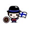 cartoon cute male character holding finnish flag fighting virus