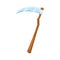 Cartoon cute metal scythe with wooden handle.