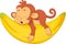 Cartoon cute monkey sleeping on big banana