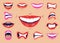 Cartoon cute mouth expressions facial gestures set with pouting lips smiling sticking out tongue isolated vector