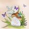 Cartoon cute mushroom on floral background Sweet fairy watercolor illustration Spring magic environment Fantasy children scenery