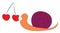 Cartoon cute picture of a snail eating the hanging cherry fruits, vector or color illustration
