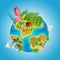 Cartoon cute planet concept. Planet globe with city buildings, farm windmills, mountains, ocean, houses and desert
