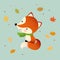 Cartoon cute red fox with autumn leaves. Hello autumn background