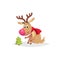 Cartoon cute reindeer with big red nose and scarf sitting and looking on little christmas tree. Christmas vector illustration