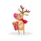 Cartoon cute reindeer standing and holding red gift box . Nosed comic character. Christmas and winter party`s symbol.