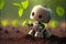 Cartoon cute Robot planted seedling young tree into the soil. Rehabilitation of natural resources to help world form global