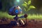 Cartoon cute Robot planted seedling young tree into the soil. Rehabilitation of natural resources to help world form global