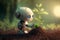 Cartoon cute Robot planted seedling young tree into the soil. Rehabilitation of natural resources to help world form global