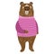 Cartoon cute shaggy bear in a beautiful striped sweater, animalistic postcard, poster, print. Vector illustration