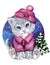 Cartoon cute snow leopard with a Christmas tree in a pink knitted sweater and cap