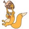 Cartoon cute squirrel carrying walnuts, doodle kawaii. doodle icon image