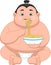 Cartoon cute sumo wrestler eating noodle