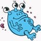 Cartoon, cute three-eyed blue alien glutton, isolated on a white background, icon