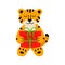A cartoon cute tiger holds a Christmas gift in its paws. Vector illustration, the concept of Christmas and New Year