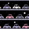 Cartoon cute toy cars drive on the night road with the moon and stars