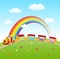 Cartoon cute train on a hill with rainbow