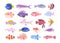 Cartoon cute tropical ocean exotic aquarium fishes. Goldfishes, tetra, barb, angelfish and lionfish. Small freshwater