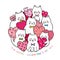 Cartoon cute Valentines day sweet white cats and many pink hearts vector.
