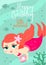 Cartoon cute vector card. Summer poster happy birthday little mermaid.