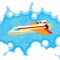 Cartoon cute vector illustration of plane in blue sky and clouds. Airplane flying in a sky, turbo plane, jet in clouds