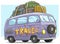 Cartoon cute violet retro van bus with luggage