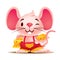 Cartoon cute white tooth mice with big ears holding and carrying 2 Swiss cheeses